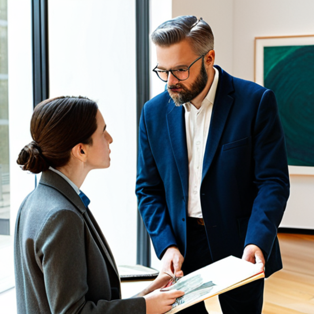 A professional art critic and a contemporary artist engaged in a thoughtful discussion in a bright, modern art gallery. The critic, a woman in a modest blazer and slacks, gestures subtly towards an abstract painting. The artist, a man in a professional, collared shirt and dark trousers, listens attentively, holding a sketchbook. Natural light streams through large windows, illuminating the scene. They both exhibit perfect anatomy, correct proportions, well-formed hands, and natural poses. The atmosphere is intellectual and collaborative. safe for work, appropriate content, fully clothed, professional, modest clothing, appropriate attire, professional dress, natural body proportions, high-quality professional photography, detailed, realistic.