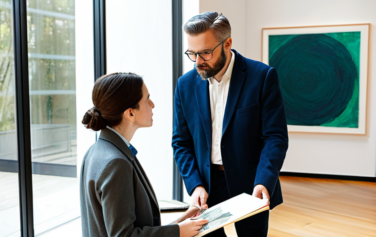 A professional art critic and a contemporary artist engaged in a thoughtful discussion in a bright, modern art gallery. The critic, a woman in a modest blazer and slacks, gestures subtly towards an abstract painting. The artist, a man in a professional, collared shirt and dark trousers, listens attentively, holding a sketchbook. Natural light streams through large windows, illuminating the scene. They both exhibit perfect anatomy, correct proportions, well-formed hands, and natural poses. The atmosphere is intellectual and collaborative. safe for work, appropriate content, fully clothed, professional, modest clothing, appropriate attire, professional dress, natural body proportions, high-quality professional photography, detailed, realistic.