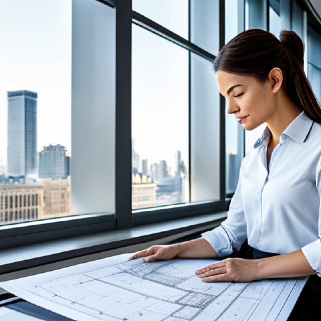 **

A professional architect, fully clothed in a modest business casual outfit, reviewing blueprints in a brightly lit, modern architectural office.  Large windows overlook a cityscape.  Safe for work, appropriate content, perfect anatomy, correct proportions, natural pose, well-formed hands, proper finger count, professional photography, high quality.

**