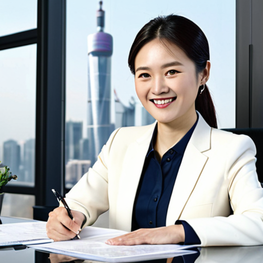 **

A professional Chinese businesswoman in a modern office, wearing a tailored business suit (fully clothed, appropriate attire). She is smiling confidently while reviewing documents at her desk. Background includes a cityscape view through a large window. Natural lighting, perfect anatomy, correct proportions, well-formed hands, proper finger count. Safe for work, family-friendly, professional photography, high quality.

**