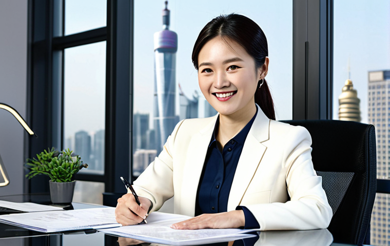 **

A professional Chinese businesswoman in a modern office, wearing a tailored business suit (fully clothed, appropriate attire). She is smiling confidently while reviewing documents at her desk. Background includes a cityscape view through a large window. Natural lighting, perfect anatomy, correct proportions, well-formed hands, proper finger count. Safe for work, family-friendly, professional photography, high quality.

**