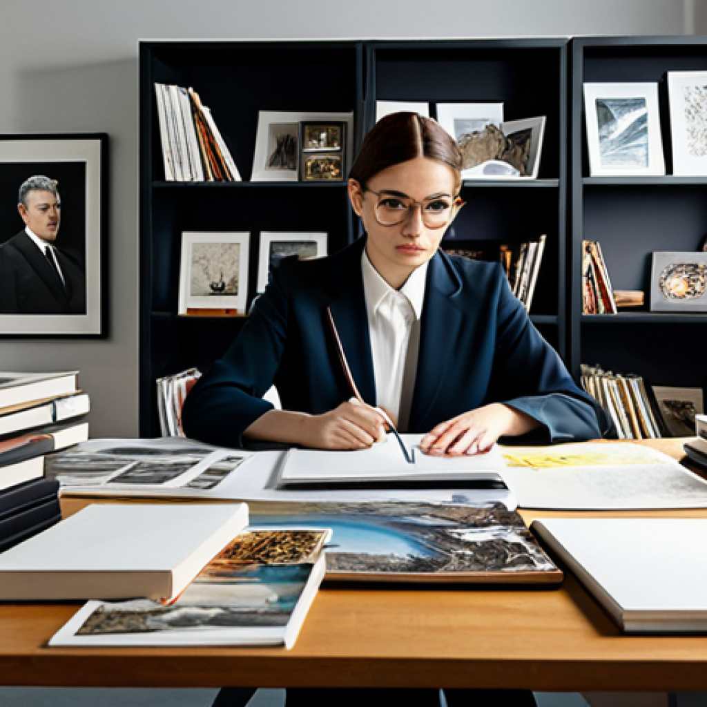 Art Critic at Work**

"A professional art critic, fully clothed in modest business attire, working at a clean desk cluttered with art books and a laptop, surrounded by gallery catalogs, safe for work, appropriate content, perfect anatomy, natural proportions, professional studio lighting."

**