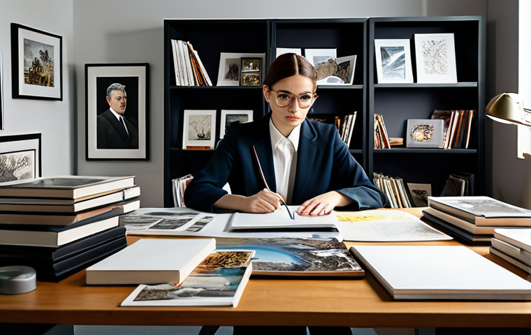 Art Critic at Work**

"A professional art critic, fully clothed in modest business attire, working at a clean desk cluttered with art books and a laptop, surrounded by gallery catalogs, safe for work, appropriate content, perfect anatomy, natural proportions, professional studio lighting."

**