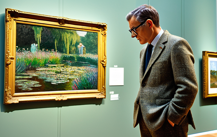 미술평론가 직업 전망 - "A professional art critic, fully clothed in a tweed suit and glasses, thoughtfully observing a Mone...