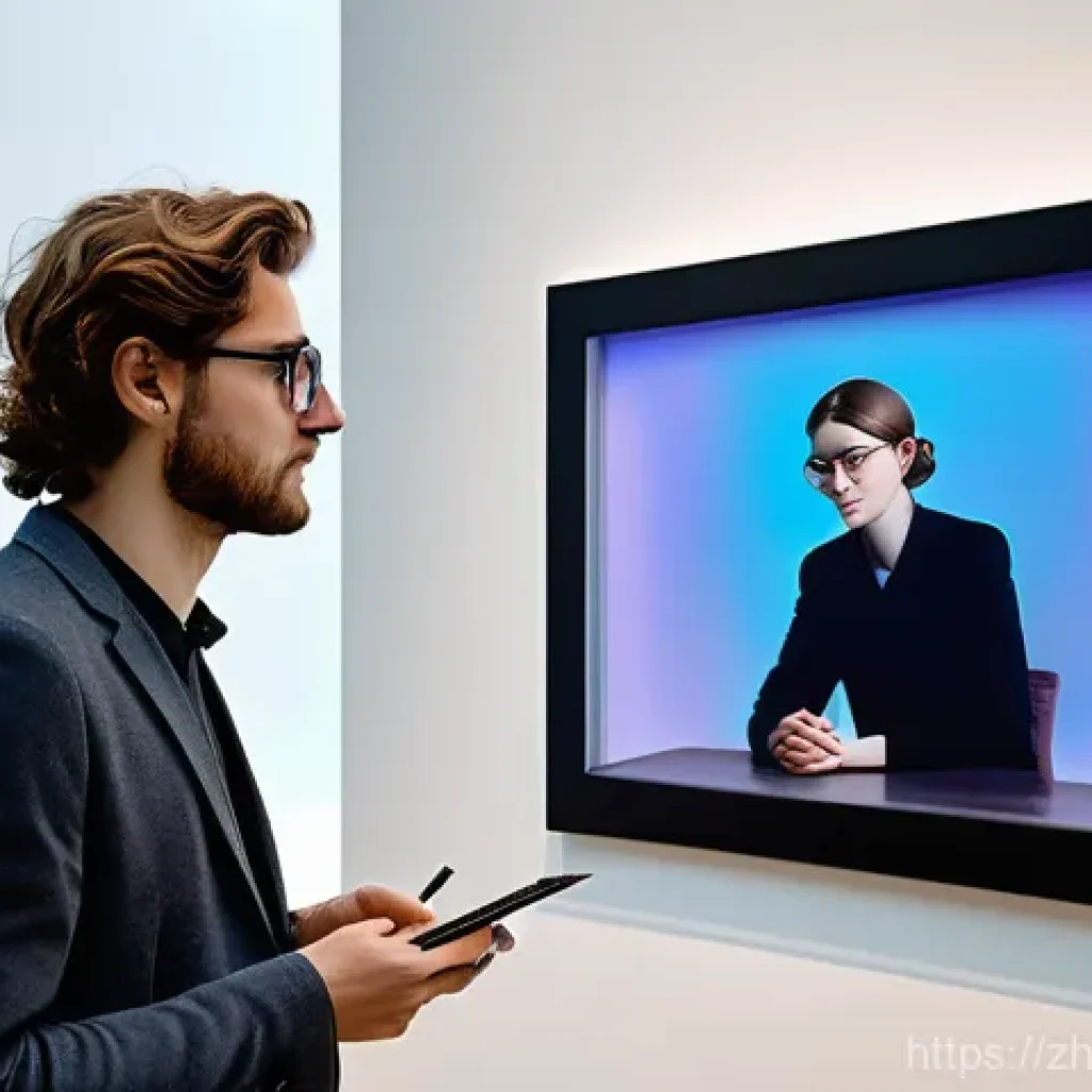 미술평론가 직무 능력 평가 기준 - A fully clothed, modern art critic, appearing to be in their late 20s or early 30s, with a gender-ne...