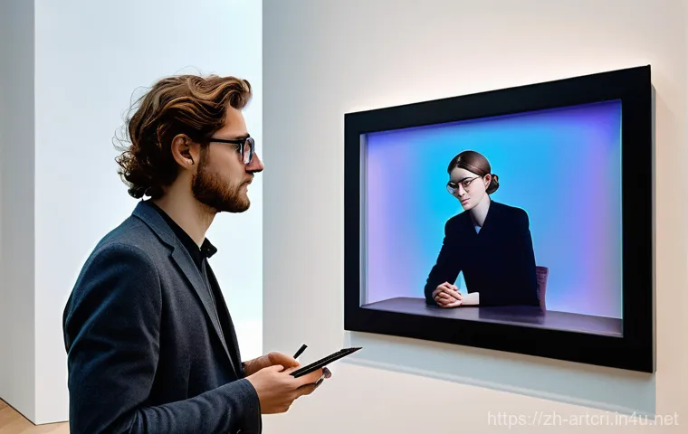 미술평론가 직무 능력 평가 기준 - A fully clothed, modern art critic, appearing to be in their late 20s or early 30s, with a gender-ne...