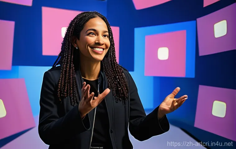 미술평론가 직무 능력 평가 기준 - A fully clothed, modern art critic, appearing to be in their late 20s or early 30s, with a gender-ne...