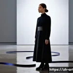 미술평론가로서의 예술적 글쓰기 - **Prompt:** A young art critic, dressed in a stylish but modest outfit, stands thoughtfully in a dim...