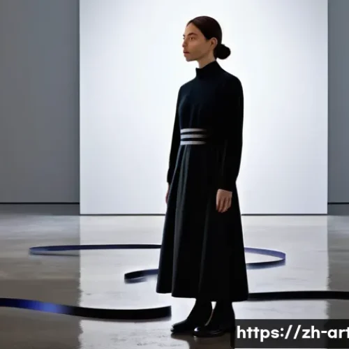 미술평론가로서의 예술적 글쓰기 - **Prompt:** A young art critic, dressed in a stylish but modest outfit, stands thoughtfully in a dim...