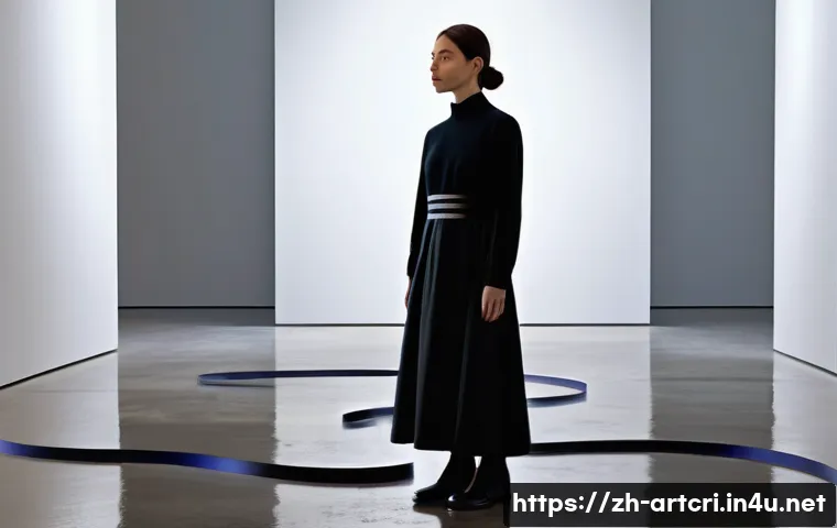 미술평론가로서의 예술적 글쓰기 - **Prompt:** A young art critic, dressed in a stylish but modest outfit, stands thoughtfully in a dim...