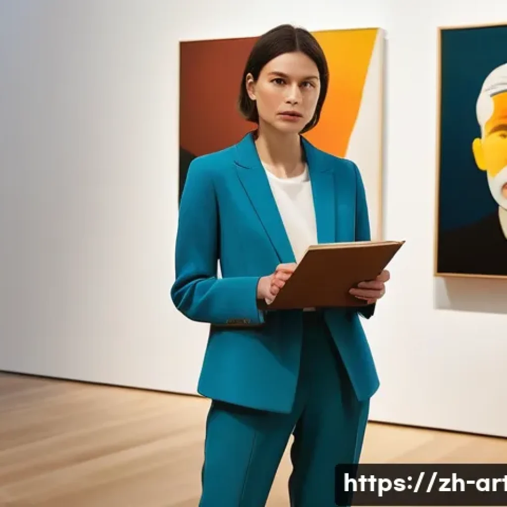 미술평론가 업무 일기 예시 - An art critic, a stylish woman in her late 30s with an observant gaze, stands before a vibrant conte...