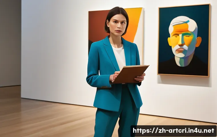 미술평론가 업무 일기 예시 - An art critic, a stylish woman in her late 30s with an observant gaze, stands before a vibrant conte...