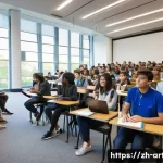 미술평론가 교육 기관 추천 - **Prompt:** "A vibrant scene inside a modern university lecture hall. A diverse group of young adult...
