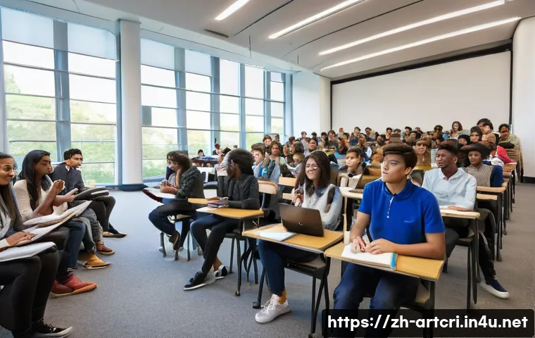 미술평론가 교육 기관 추천 - **Prompt:** "A vibrant scene inside a modern university lecture hall. A diverse group of young adult...