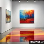 미술평론가의 작업 프로세스 - A vibrant contemporary art gallery scene featuring a large, colorful abstract oil painting with dyna...