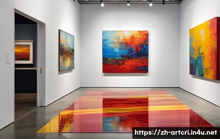 미술평론가의 작업 프로세스 - A vibrant contemporary art gallery scene featuring a large, colorful abstract oil painting with dyna...