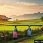 미술평론가로서의 창의적 글쓰기 - A vibrant countryside scene capturing daily rural life, featuring villagers in traditional clothing ...