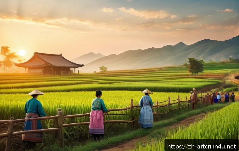 미술평론가로서의 창의적 글쓰기 - A vibrant countryside scene capturing daily rural life, featuring villagers in traditional clothing ...