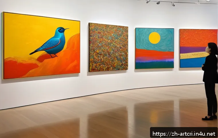 미술평론가의 예술적 통찰력 - A sophisticated art critic in a modern gallery setting, attentively analyzing a vibrant abstract pai...