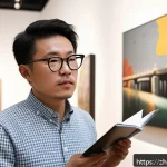 미술평론가 직업의 장점과 단점 - A sophisticated art critic in a modern gallery setting, wearing smart casual attire with glasses, th...