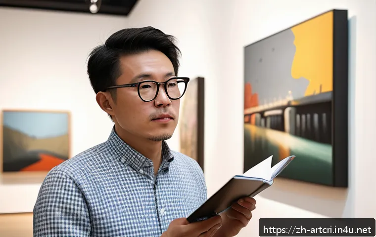 미술평론가 직업의 장점과 단점 - A sophisticated art critic in a modern gallery setting, wearing smart casual attire with glasses, th...