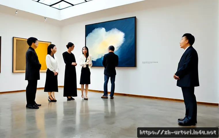 미술평론가로서의 영향력 확대 - Photorealistic editorial scene of a respected art critic in a refined contemporary gallery, thoughtf...